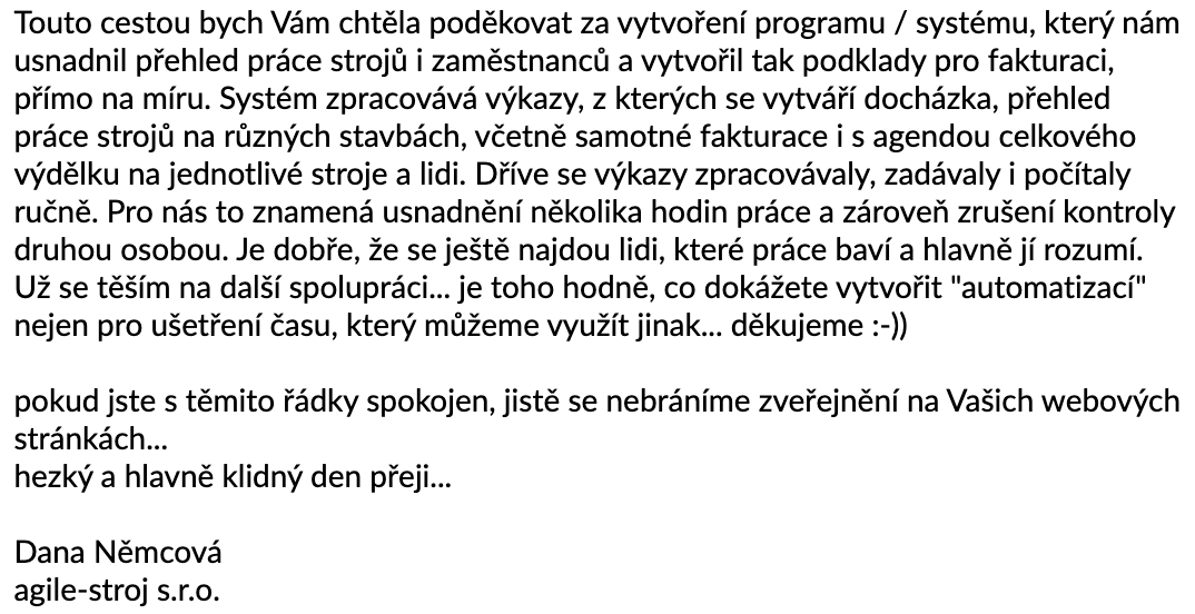 E-mailová zpětná vazba od agile-stroj s.r.o. k vytvořenému systému